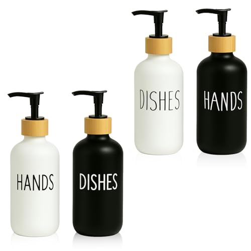Image of Dimeho 4 Pcs Glass Soap Dispenser, Hand Soap Dispenser Set Black Refillable Shampoo Conditioner White Farmhouse Decor Accessories for Kitchen Bathroom