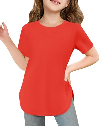 Image of Haloumoning Girls Summer Short Sleeve Shirt Kids Crewneck Curve Hem Soft Tunic Tops T-Shirts 5-14 Years