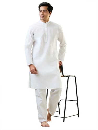 Image of SleepZ by Raymond Men Comfort Fit Solid Pattern Cotton Polyester Blend Mandrin Collar Kurta Set