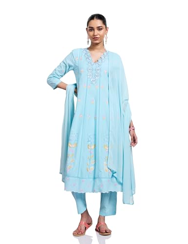 Image of Amazon Brand - Myx Women's Pure Cotton A-Line 3 piece Schiffli Suit Set (Available in Plus Sizes)