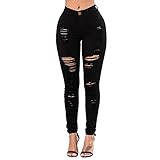 TKMUNY Women's High Rise Stretch Skinny Ripped Jeans Distressed Denim Leggings (L) Black