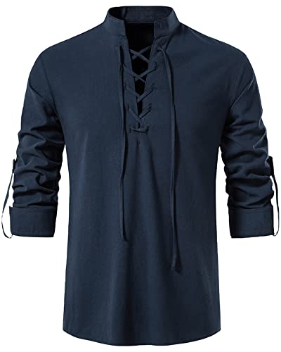 YAOHUOLE Men Shirt Cosplay Viking Pirate Steampunk Vampire Renaissance Gothic Victorian Clothing Navy XL