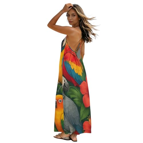 Robe longue dos nu pour femme imprimé perroquets colorés chic