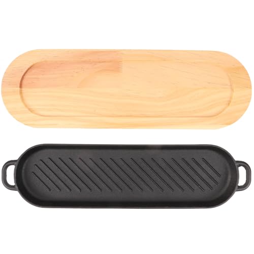 Beaupretty Sartén para Asar Bistec de Hierro Fundido con Doble Asa y Base de Madera, Plancha Larga Ondulada para Parrilla Casera, Sartén para Carne para Cocina Doméstica, Bandeja Resistente