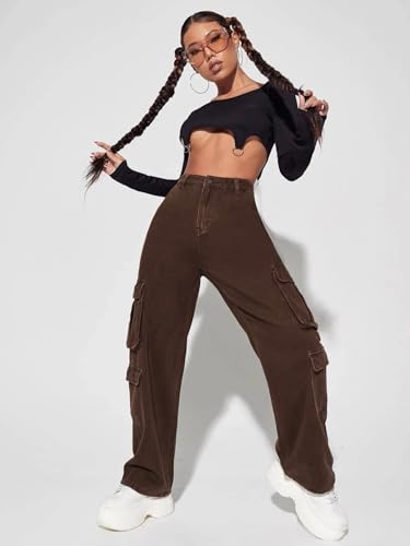 Image of GRECIILOOKS Cargo Jeans for Women - Wide Leg High Waist Baggy Denim Pants | Casual Fit Trousers with Utility Pocket Design