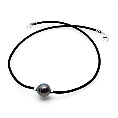 Short and Bald Jewelry Tahitian Pearl Necklace for Men and Women | Black Pearl Sterling Silver Leather Cord | 11-12mm Tahitian Baroque Pearl Unisex (18, Black Leather Necklace)
