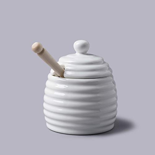 Honey Pot with wooden dipper (11cm) White Ceramic