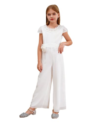 Runhomal Mädchen Weiß Elegant Overall Chiffon Jumpsuit Lang Ganzkörperanzug Playsuit mit 3D Blumen Hochezeit Festlich Hosenanzug Für 7-14 Jahre Elfenbein 146-152