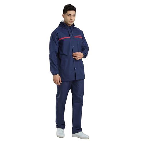 Image of Water Fighter by ZEEL Rain Coat for Men with Adjustable Hood, Polyester Waterproof Full Sleeves, Top and Bottom Set Rainwear, Front Zip with Snap Button Flap (EWF1020, Navy, XXL)