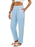 Pantalon Lino Verano Mujer Pantalones Tobilleros con Encaje Lateral, Pantaloni Mujer di Mezcla de Algodón y Lino Transpirable Cintura Elástica con Cordón, 4 Bolsillos