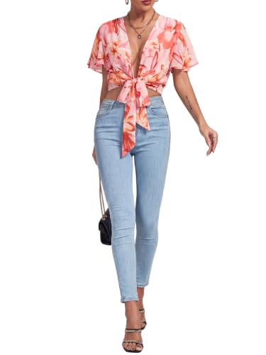 Image of LYANER Women's Tie Front Sexy Crop Tops | Wrap Deep V Neck Ruffle Bell Short Sleeve Y2k Cropped Blouse Shirts