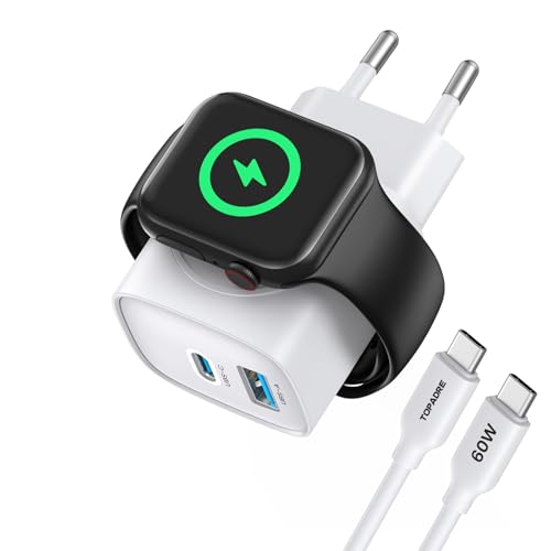 TOPADRE Apple Watch Ladegerät, 3-in-1 20W USB C Ladegerät mit Kabel 1M, PD 3.0 Schnellladegerät für Apple Watch 11/10/9/8/7/Ultra/SE, USB C Ladekabel für iPhone17/16/15 Pro Max, für iPad/Airpods, Weiß