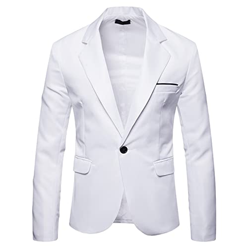 Terno masculino blazer de lapela de cor pura, botão único, cor lisa, elegante, Branco, XXG