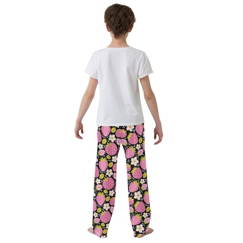 Pink Strawberry Florals Boys Long Pants Soft Trousers Elastic Waist Kids Lounge Bottoms with Pockets S-XL3