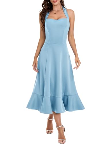 DRESSTELLS Damen Halter Cocktailkleider Hochzeit Gast Formal Prom Brautjungfer Tee Länge Split Ruffle Sommerkleid Blau M
