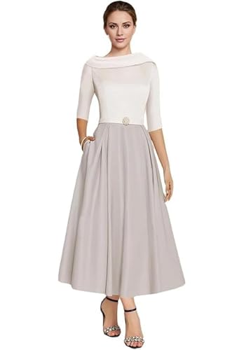 Image of A-line Elegant Mother of The Bride Dress Half Sleeve Ankle-Length Satin Wedding Guest Dress Evening Gown Ruched 2025 Light Grey