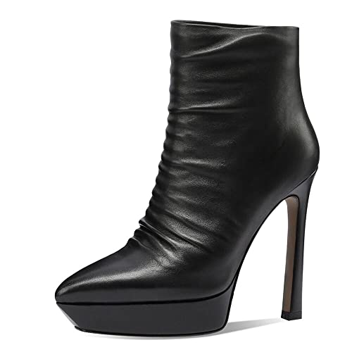 TinaCus Handmade Women's Genuime Leather Platform Plicated Side Zipper Pointed Toe High Stiletto Heel Ankle Boots Shoes