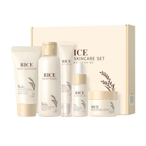 5-in-1 Rice Skin Care Set, Natural Rice Skin Care with Toner, Serum, Face Cream, Eye Serum, Cleanser, Skin Daily Care Gift Set for Women, Hydrating & Smooth 5-in-1 Rice Skin Care Set, Natural Rice Skin Care with Toner, Serum, Face Cream, Eye Serum, Cleanser, Skin Daily Care Gift Set for Women, Hydrating & Smooth