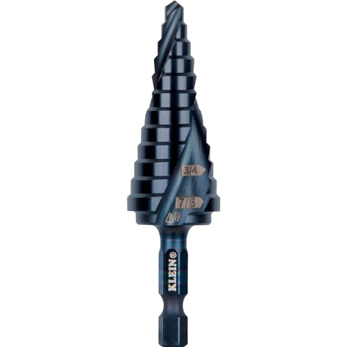 Klein Tools QRST14 Step Drill Bit, Quick Release, Spiral Double-Fluted, 3/16 to 7/8-Inch, Hex Shank, Cut Steel, Wood, Plastic, Aluminum