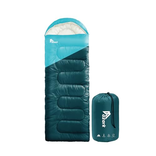 azark Premium Lightweight Sleeping Bag for Adults & Kids, 400 GSM, 4 Season Waterproof Sleeping Bag, Comfortable & Portable, Machine Washable, Camping & Hiking Essential (Light blue/Dark Blue)