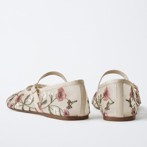 Image of Mesh Ballet Flats for Women Embroidered Floral Mary Jane Flats Round Toe Slip On Ballerina Shoes Comfortable Casual Daily Dress Flat Shoes