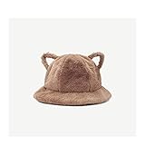 Talla única (56cm-58cm) Sombrero de cubo de felpa con orejas de gato para mujer, versión coreana de invierno, sombrero de   pescador, estilo japonés salvaje, bola de felpa, sombrero de lavabo cálido, marrón oscuro, 56-58Cm