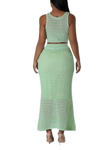 Image of Women Plus Two-Piece Skirt Set Tassel Fishing Net Knittin Hollow Out Off Shoulder Beach Dresses Swimsuit Cover Ups