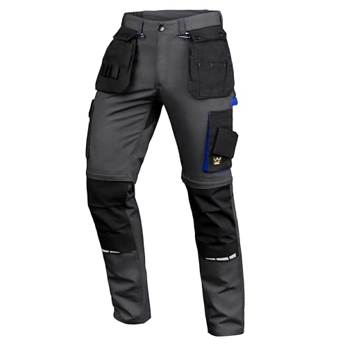 Seven Kings Pantaloni da lavoro da uomo Ripstop nero – Pantaloni antitaglio uomo – con tasche a fondina rimovibili – con gamba rimovibile per giornate calde – Elastico in vita – Molte tasche, grigio