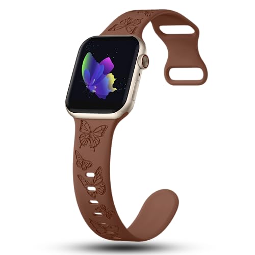 Image of Butterfly Engraved Bands Compatible with Apple Watch Band 41mm 40mm 38mm 49mm 46mm 49mm 46mm 45mm 44mm 42mm Women, Silicone Sport Strap for iWatch Series SE 10 9 8 7 6 5 4 3 2 1 SE Ultra