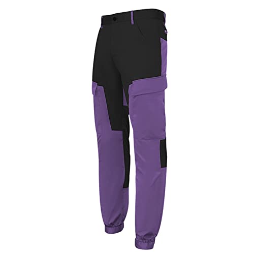 Pantalones de trabajo para hombre, pantalones cargo de combate de seguridad resistentes, ajuste elástico, retazos de dos tonos, multibolsillos, piernas rectas, ropa de trabajo duradera, Morado (, 3XL