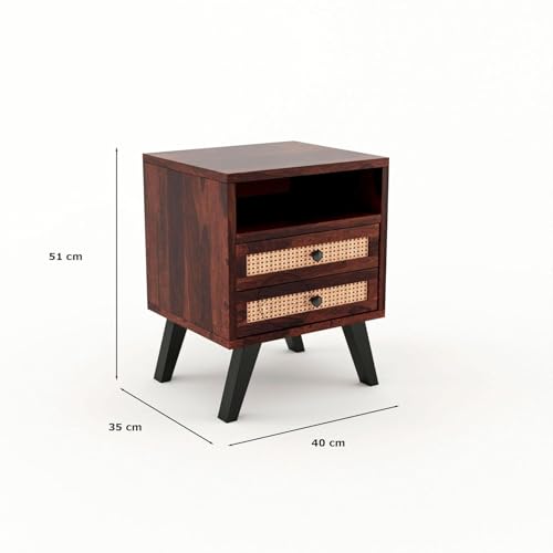 Image of Wooden Bedside Table with 2 Cane Rattan Drawers & Open Shelf | Modern Nightstand for Bedroom (Walnut Finish)