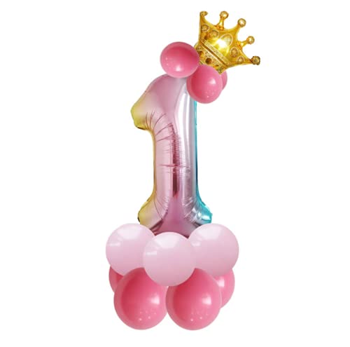 Rainbow Color Number 4 Balloon for 4th Birthday, Foil Letter Balloon Set, 14 PCS, 32 inch, with Crown shaped Foil Balloon & Rose Pink Latex Balloons (32 inch 1)