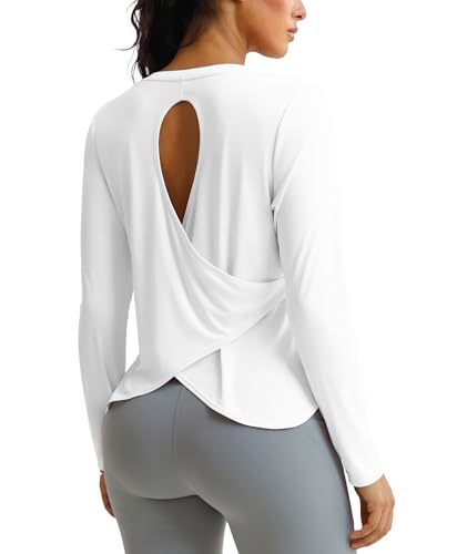 BRXL Women's Sun Shirts UPF50+ Long Sleeve Workout Tops Moisture Wicking Quick Dry UV Shirt V Neck Open Back Running Tops White M