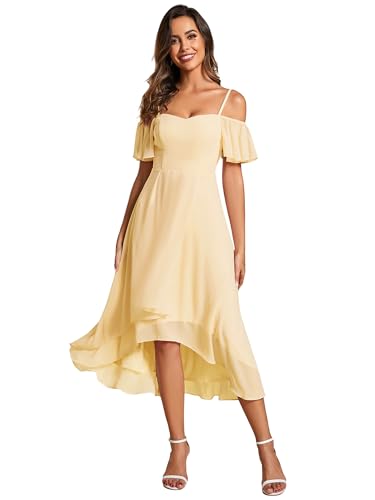 Image of Ever-Pretty Women's Summer Cold Shoulder Hi-Lo Asymmetrical Hem Flowy Chiffon Short Wedding Guest Dress 02103