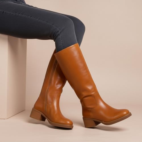 Image of CUSHIONAIRE Sawyer Genuine Leather Tall Chunky Heel Womens Boots - Pull On Casual Knee High Boots for Women