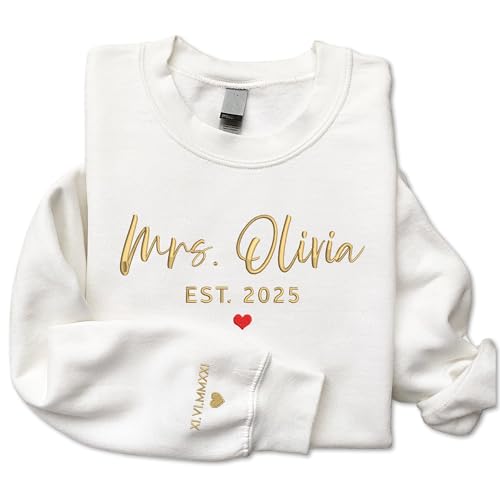 GODMERCH Custom Embroidered Mrs Sweatshirt - Personalized Future Mrs Hoodie, Bride Sweatshirts, Honeymoon Crewneck, Gift for Her Bride to Be Wedding Bridal Shower Bachelorette Party Engagement