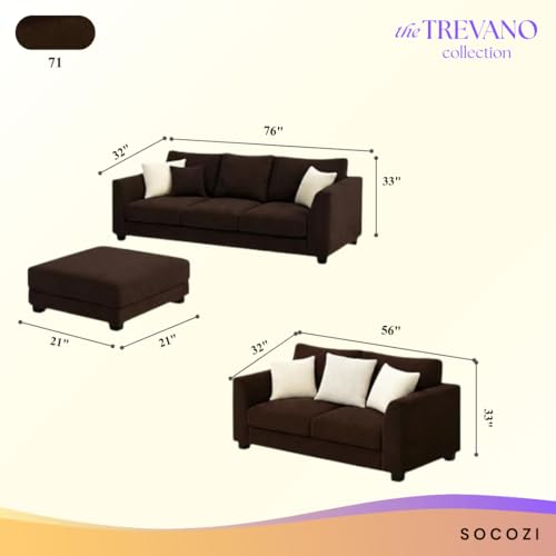 Image of SOCOZI Trevano 5 Seater Sofa Set with Ottoman (3 Seater + 2 Seater + Ottoman) | Soft Velvet Suede Fabric | Plush Comfort Cushions for Living Room (Dark Brown)