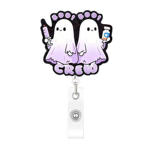 Halloween Badge Reel Retractable,Twin Purple Ghost with Syringe Medicine | Glitter Holder Badge Reel Acrylic Alligator Clip Badge Reels for Nursing Student Medical Worker Doctor