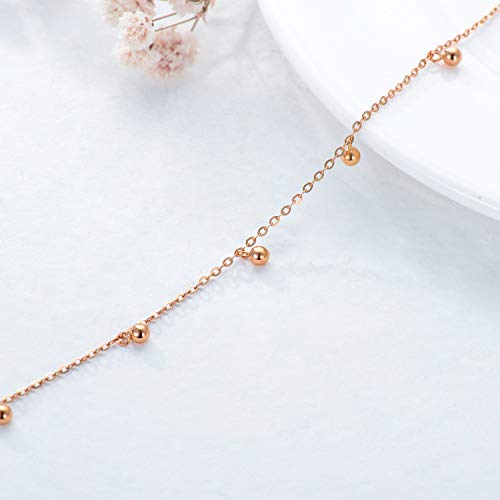 Sisgem 14K Rose Gold Ball Station Anklet For Women, Real Gold Tiny Bead Ankle Bracelet Jewelry Gift For Her, 9.1-10.5 Inch #TOP1
