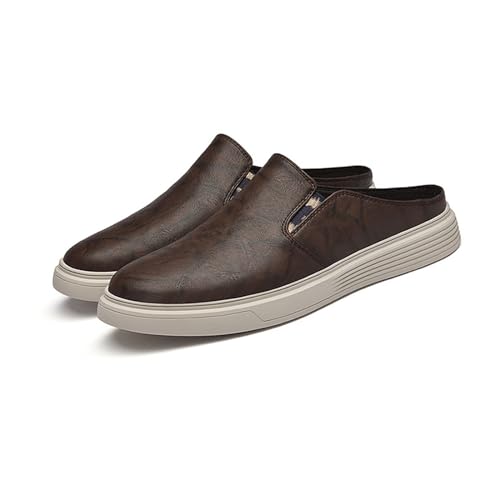 Men Cowhide Slip On Flat mule Shoes Summer Closed Round Toe Fashion Retro Backless Dress Loafers Shoes Comfortable Anti Slip Lightweight Moccasin Half Slides