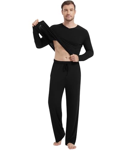 Image of NACHILA Pajamas for Men-Viscose Made from Bamboo, Long Sleeve Pajamas Set Comfy Sleepwear Pants Soft V Neck Pjs with Pockets