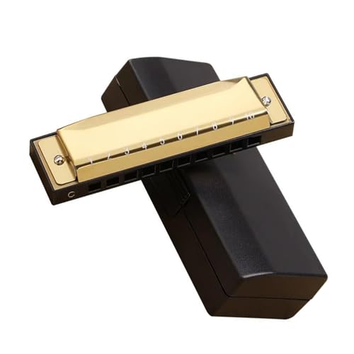 n[jJ S 10 Holes Harp Harmonica With Case Brass Stainless Steel Harmonica (Color : Gold)