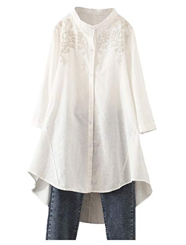 Minibee Women's Cotton Linen Shirt High Low Button Down Embroidered Blouse Long Sleeve Tunic Tops with Pocket (L, White)