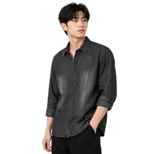 DESIGNALLY Men's Washed Denim Shirt, Dark Grey - Image 2