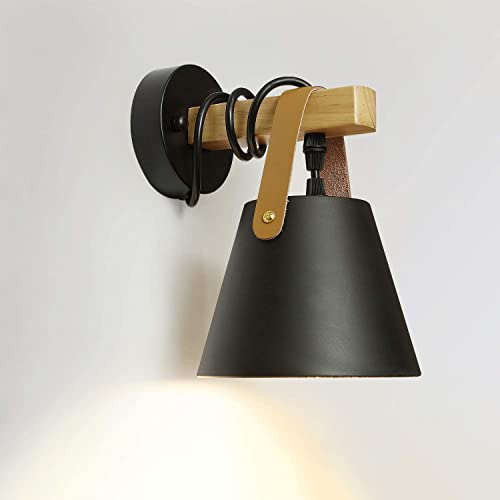 GBLY Applique murale vintage rétro E27 noir industriel éclairage mural intérieur en bois cuir plastique pour salon, chambre, cuisine, salle à manger, couloir, cage d'escalier, café (sans ampoule) Cover