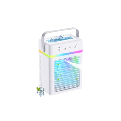Condizionatore Portatile Evaporativo con Serbatoio 900 ml, Controllo Touch, 3 Velocità, 2 Modalità, LED 7 Colori, 10 W, Timer 2-6 h