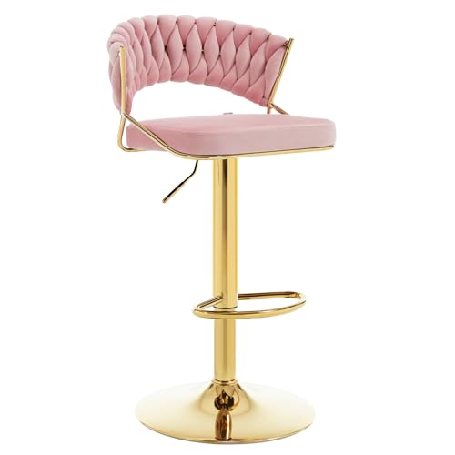 WOLTU Taburete de Bar, Taburete Cocina Giratorio con Respaldo Entrelazado y Reposapiés, Terciopelo, Rosa