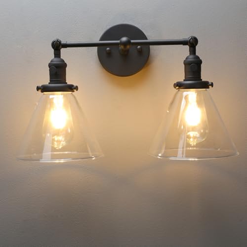 Image of PERMO Double Sconce Vintage Industrial 2-Lights Sconce Matte Black Antique Wall Sconces with Funnel Flared Glass Clear Glass Shade Vanity Light for Bathroom