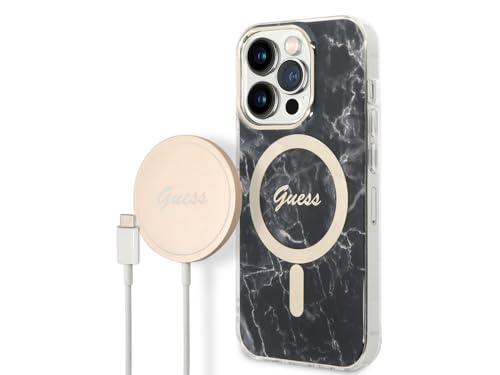 GUESS Bundle GUBPP14LHMEACSK Coque et Chargeur iPhone 14 Pro 6,1" Noir Coque Rigide marbre