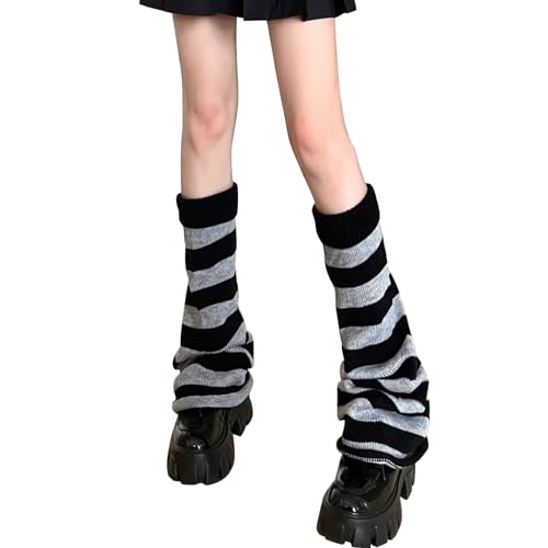 Y2K Kawaii Leg Warmers, Women's & Girls' Striped Knit Socks, One Size Fits Most, Black & Gray Stripes Flared, Casual